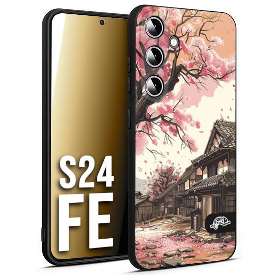 CUSTOMIZZA - Custodia cover nera morbida in tpu compatibile per Samsung S24 FE casa giapponese rosa ciliegio in fiore disegnata tattoo