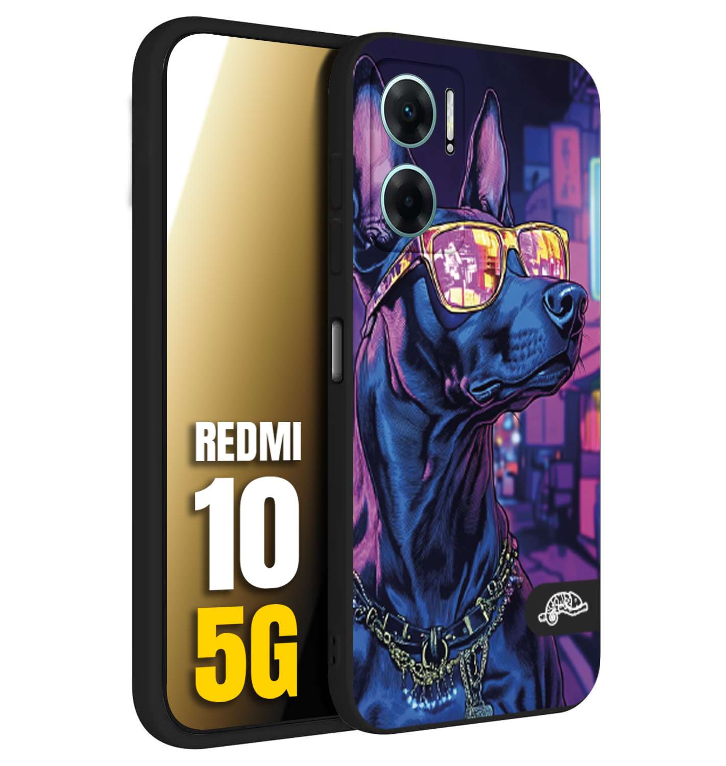 CUSTOMIZZA - Custodia cover nera morbida in tpu compatibile per Xiaomi Redmi 10 5G animali cyberpunk dobermann cane street dog fucsia blu night