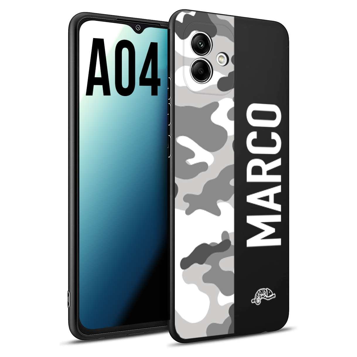 CUSTOMIZZA - Custodia cover nera morbida in tpu compatibile per Samsung A04 camouflage mimetico militare personalizzata nome bianco