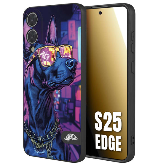 CUSTOMIZZA - Custodia cover nera morbida in tpu compatibile per Samsung S25 EDGE animali cyberpunk dobermann cane street dog fucsia blu night