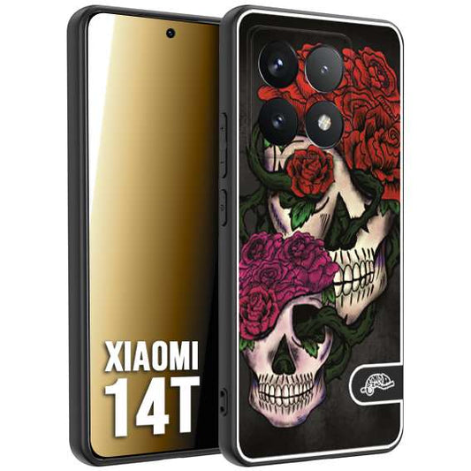 CUSTOMIZZA - Custodia cover nera morbida in tpu compatibile per Xiaomi 14T teschi e rose rosse fucsia skull and roses