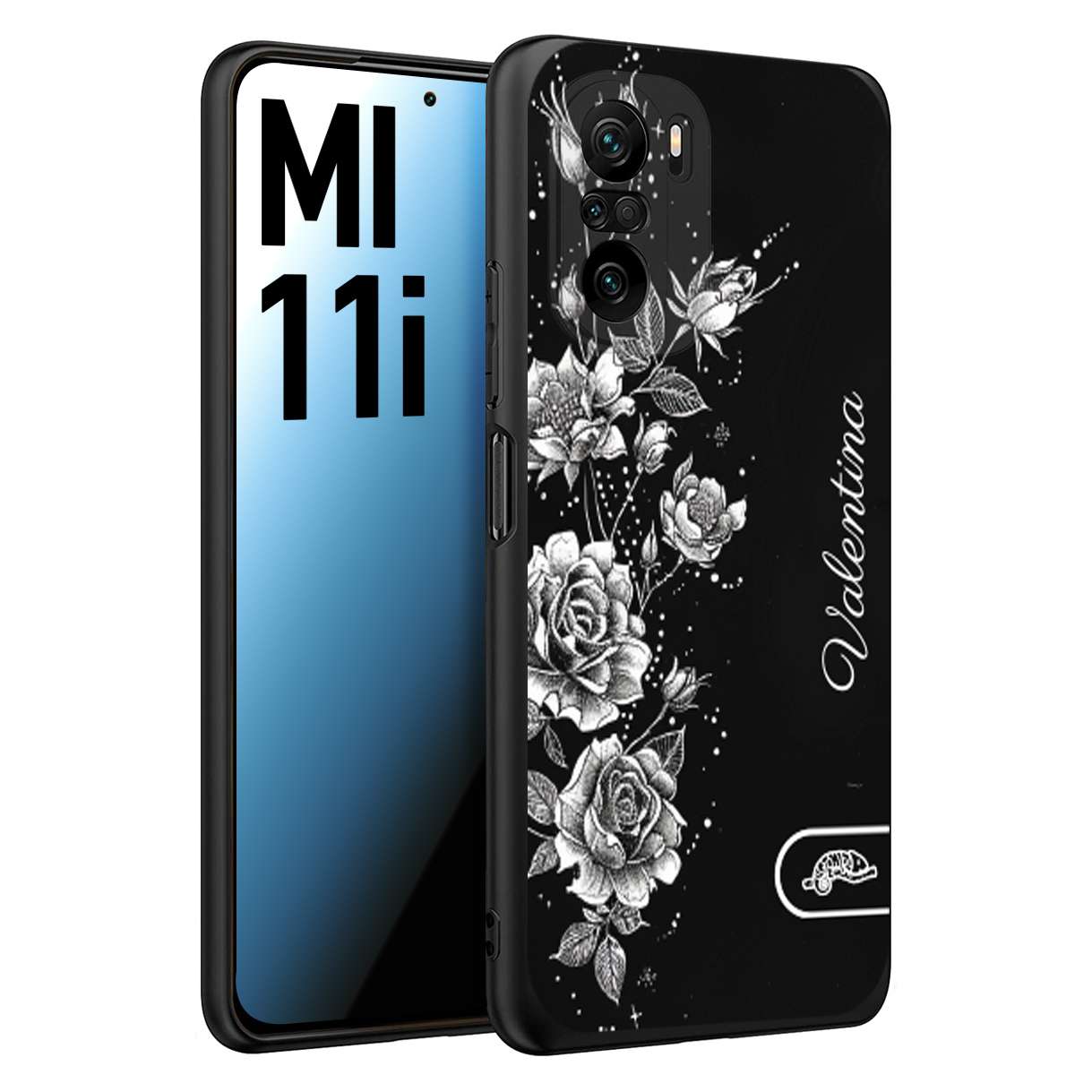 CUSTOMIZZA - Custodia cover nera morbida in tpu compatibile per Xiaomi Mi 11i a rilievo soft touch personalizzata nome rose fiori donna