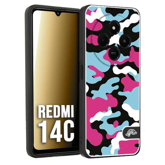 CUSTOMIZZA - Custodia cover nera morbida in tpu compatibile per Xiaomi Redmi 14C camouflage mimetico militare fucsia celeste