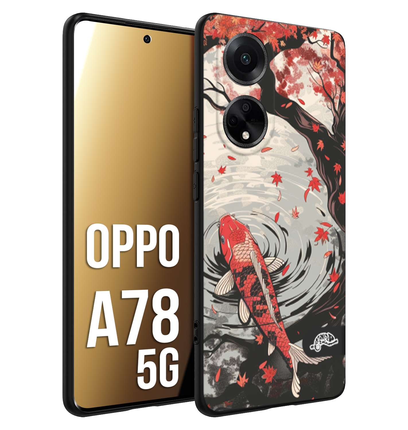 CUSTOMIZZA - Custodia cover nera morbida in tpu compatibile per Oppo A78 5G giapponese lago carpa koi rossa con foglie d'acero rosso disegnata tattoo