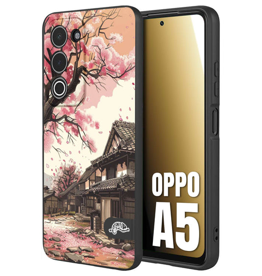CUSTOMIZZA - Custodia cover nera morbida in tpu compatibile per Oppo A5 casa giapponese rosa ciliegio in fiore disegnata tattoo
