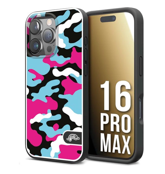 CUSTOMIZZA - Custodia cover nera morbida in tpu compatibile per iPhone 16 PRO MAX camouflage mimetico militare fucsia celeste