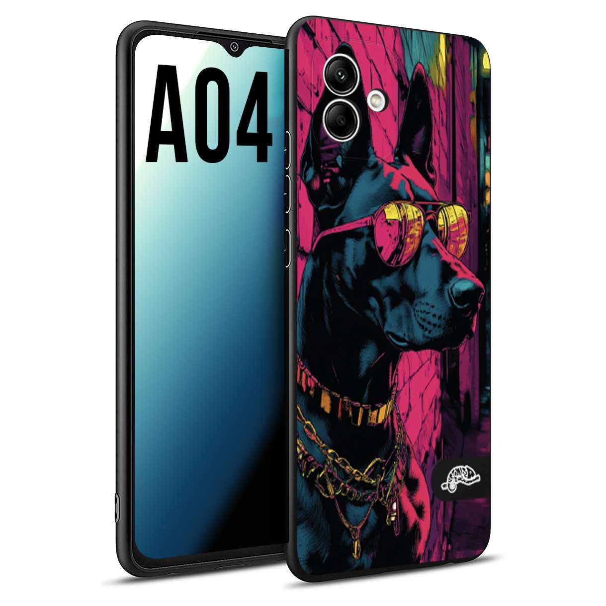 CUSTOMIZZA - Custodia cover nera morbida in tpu compatibile per Samsung A04 animali cyberpunk dobermann cane street dog fucsia blu