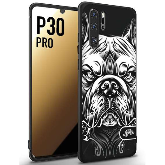 CUSTOMIZZA - Custodia cover nera morbida in tpu compatibile per Huawei P30 PRO bulldog bianco a rilievo disegnato tattoo tatuaggio