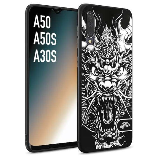 CUSTOMIZZA - Custodia cover nera morbida in tpu compatibile per Samsung A50 - A50S - A30S drago black and white bianco a rilievo disegnato tattoo tatuaggio