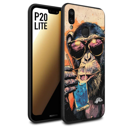 CUSTOMIZZA - Custodia cover nera morbida in tpu compatibile per Huawei P20 LITE estate disegnata cocktails animali simpatici scimmia monkey negroni