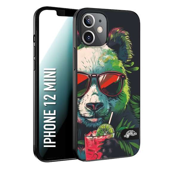 CUSTOMIZZA - Custodia cover nera morbida in tpu compatibile per iPhone 12 MINI estate disegnata cocktails animali simpatici panda mojito