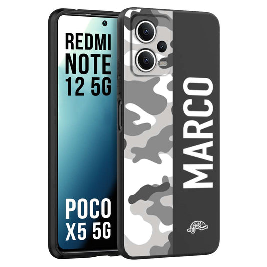 CUSTOMIZZA - Custodia cover nera morbida in tpu compatibile per Xiaomi Redmi Note 12 5G - POCO X5 5G camouflage mimetico militare personalizzata nome bianco