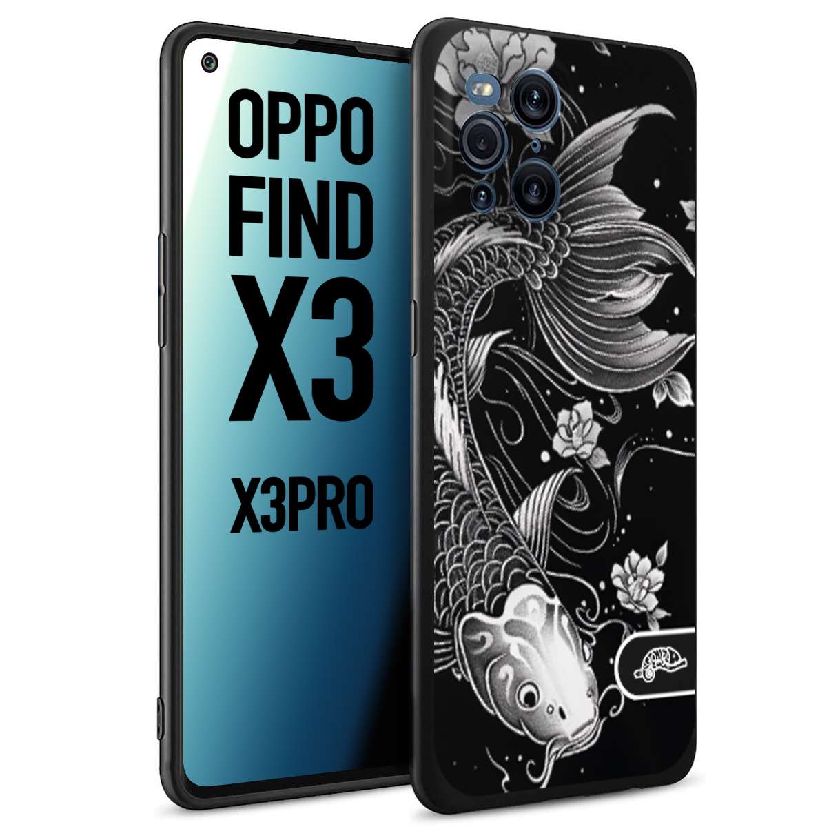 CUSTOMIZZA - Custodia cover nera morbida in tpu compatibile per Oppo Find X3 - Find X3 Pro 5G carpa koi black and white bianco a rilievo disegnato tattoo tatuaggio