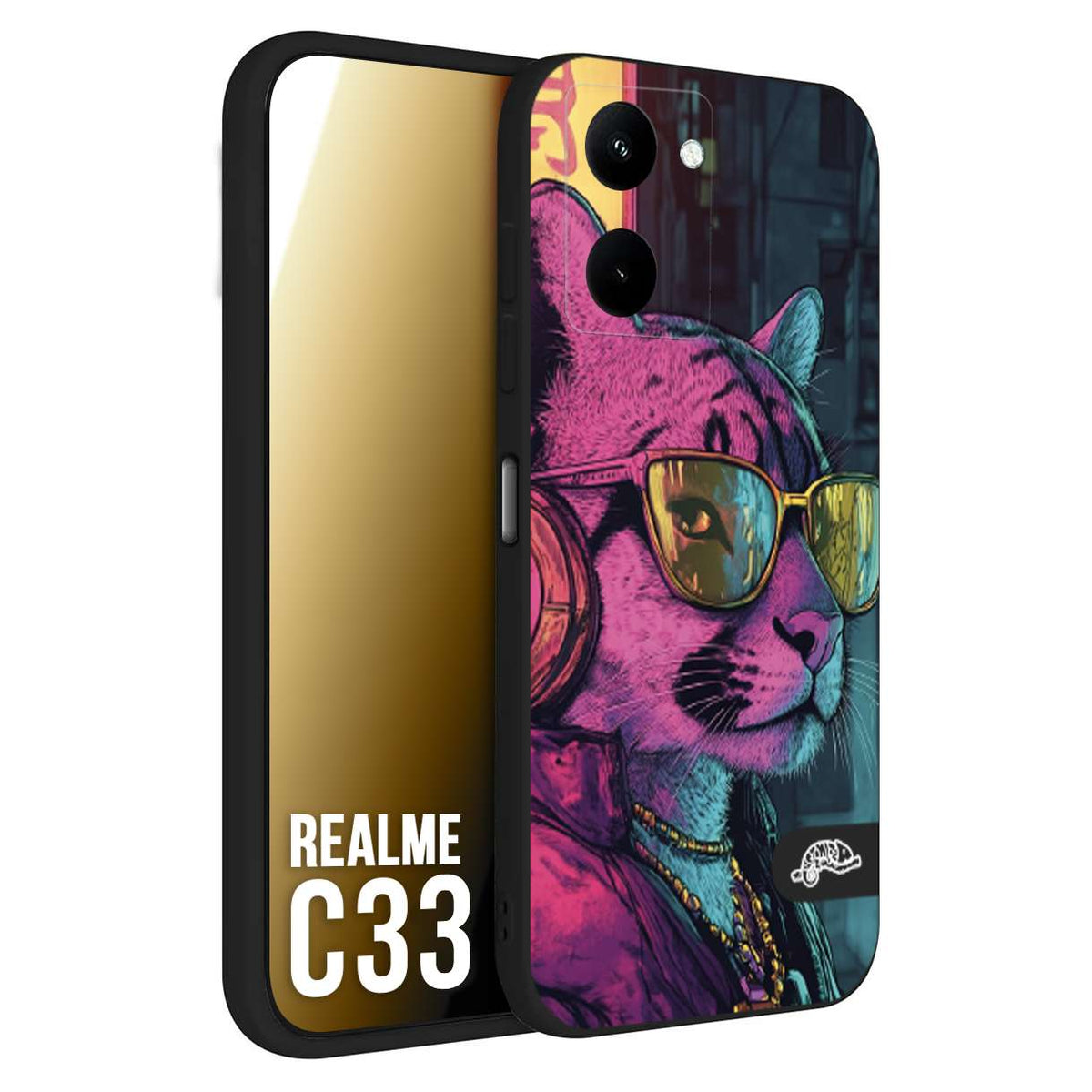 CUSTOMIZZA - Custodia cover nera morbida in tpu compatibile per Realme C33 animali cyberpunk pantera street cat fucsia blu giallo