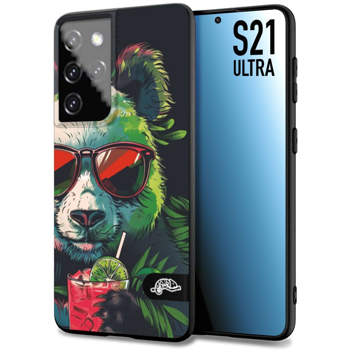 CUSTOMIZZA - Custodia cover nera morbida in tpu compatibile per Samsung S21 ULTRA estate disegnata cocktails animali simpatici panda mojito