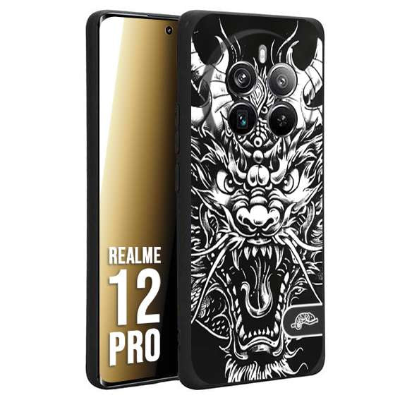 CUSTOMIZZA - Custodia cover nera morbida in tpu compatibile per Realme 12 PRO drago black and white bianco a rilievo disegnato tattoo tatuaggio