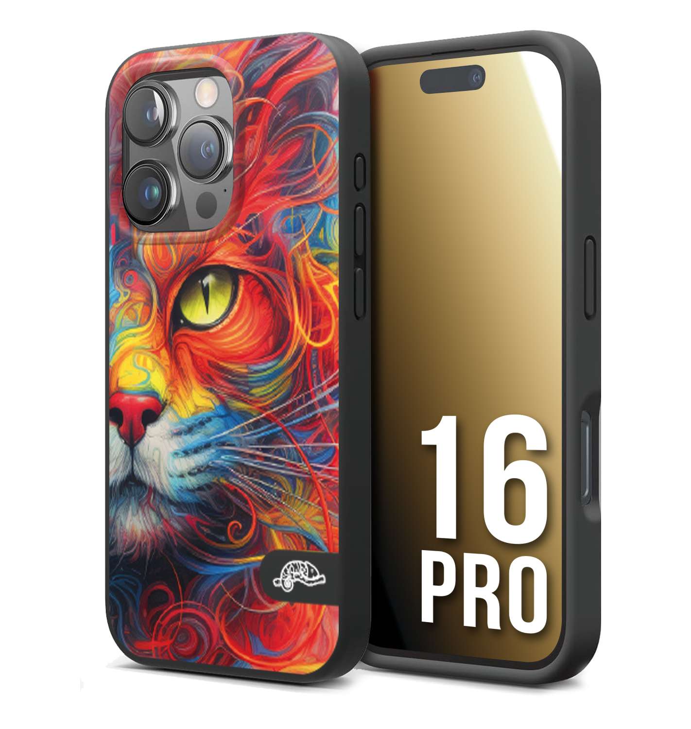 CUSTOMIZZA - Custodia cover nera morbida in tpu compatibile per iPhone 16 PRO animali color cat gatto viso colori vibranti disegnato schizzo