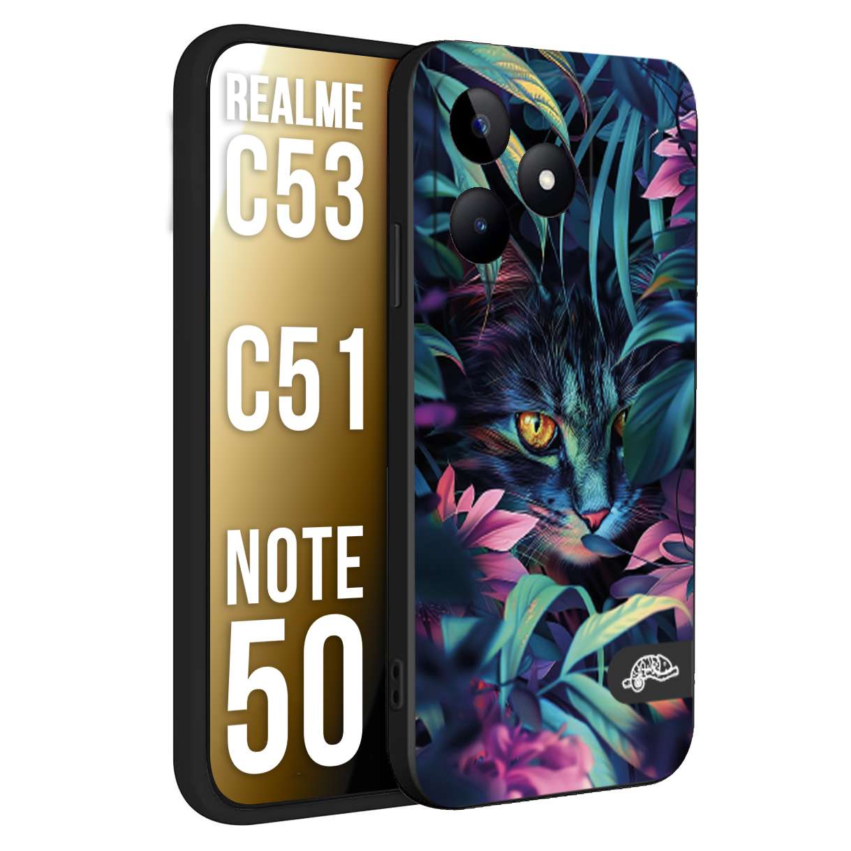 CUSTOMIZZA - Custodia cover nera morbida in tpu compatibile per Realme C53 - C51 - NOTE 50 animali color giungla tropicale occhio di gatto colori vibranti disegnato