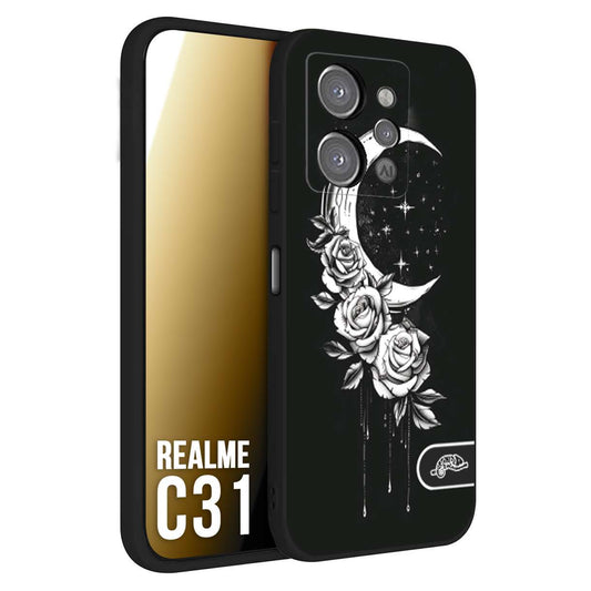 CUSTOMIZZA - Custodia cover nera morbida in tpu compatibile per Oppo Realme C31 luna e fiori moon flowers black and white bianco a rilievo disegnato tattoo tatuaggio