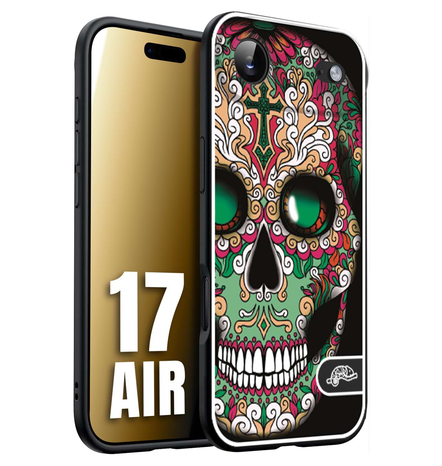 CUSTOMIZZA - Custodia cover nera morbida in tpu compatibile per iPhone 17 AIR teschio messicano Mexican skull verde fucsia