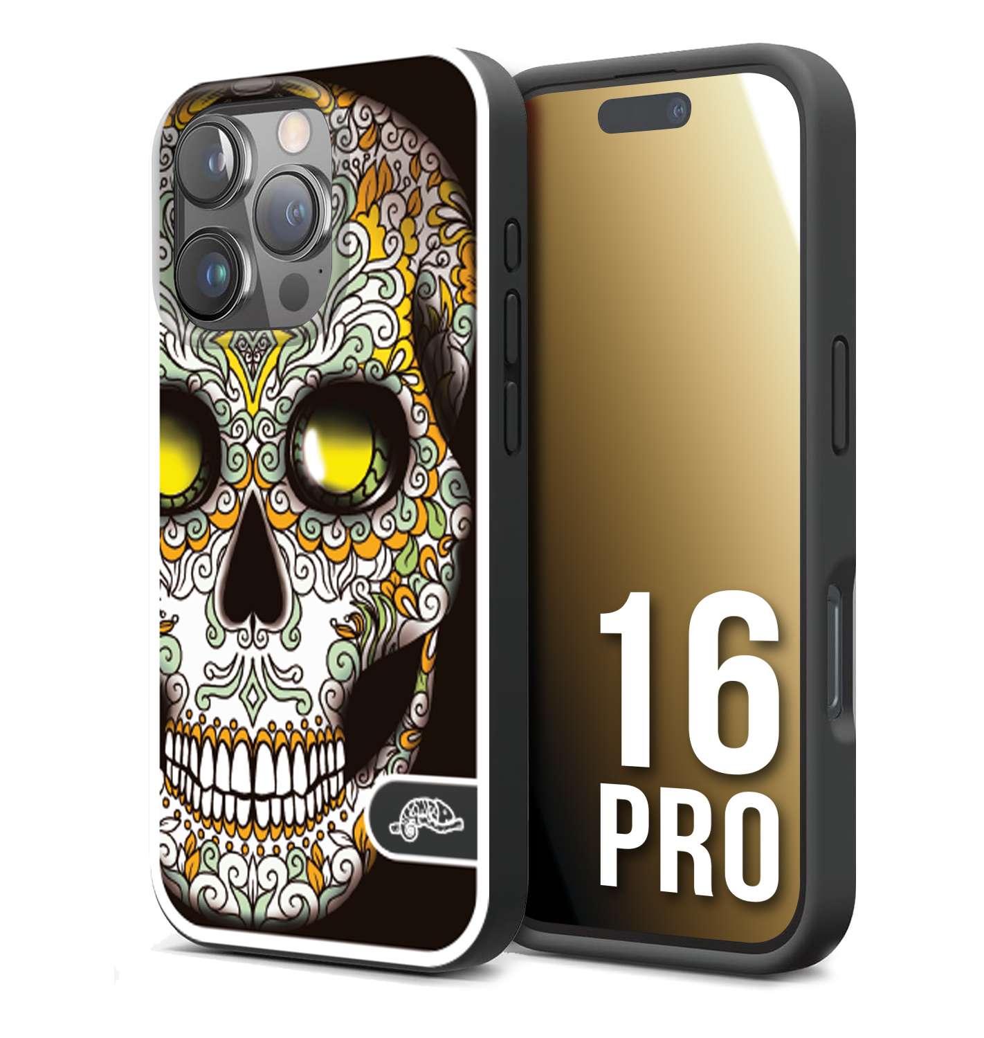 CUSTOMIZZA - Custodia cover nera morbida in tpu compatibile per iPhone 16 PRO teschio messicano Mexican skull bianco verde giallo