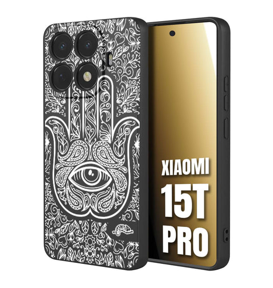 CUSTOMIZZA - Custodia cover nera morbida in tpu compatibile per Xiaomi 15T PRO mano di fatima effetto rilievo mandala donna