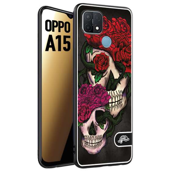 CUSTOMIZZA - Custodia cover nera morbida in tpu compatibile per Oppo A15 teschi e rose rosse fucsia skull and roses