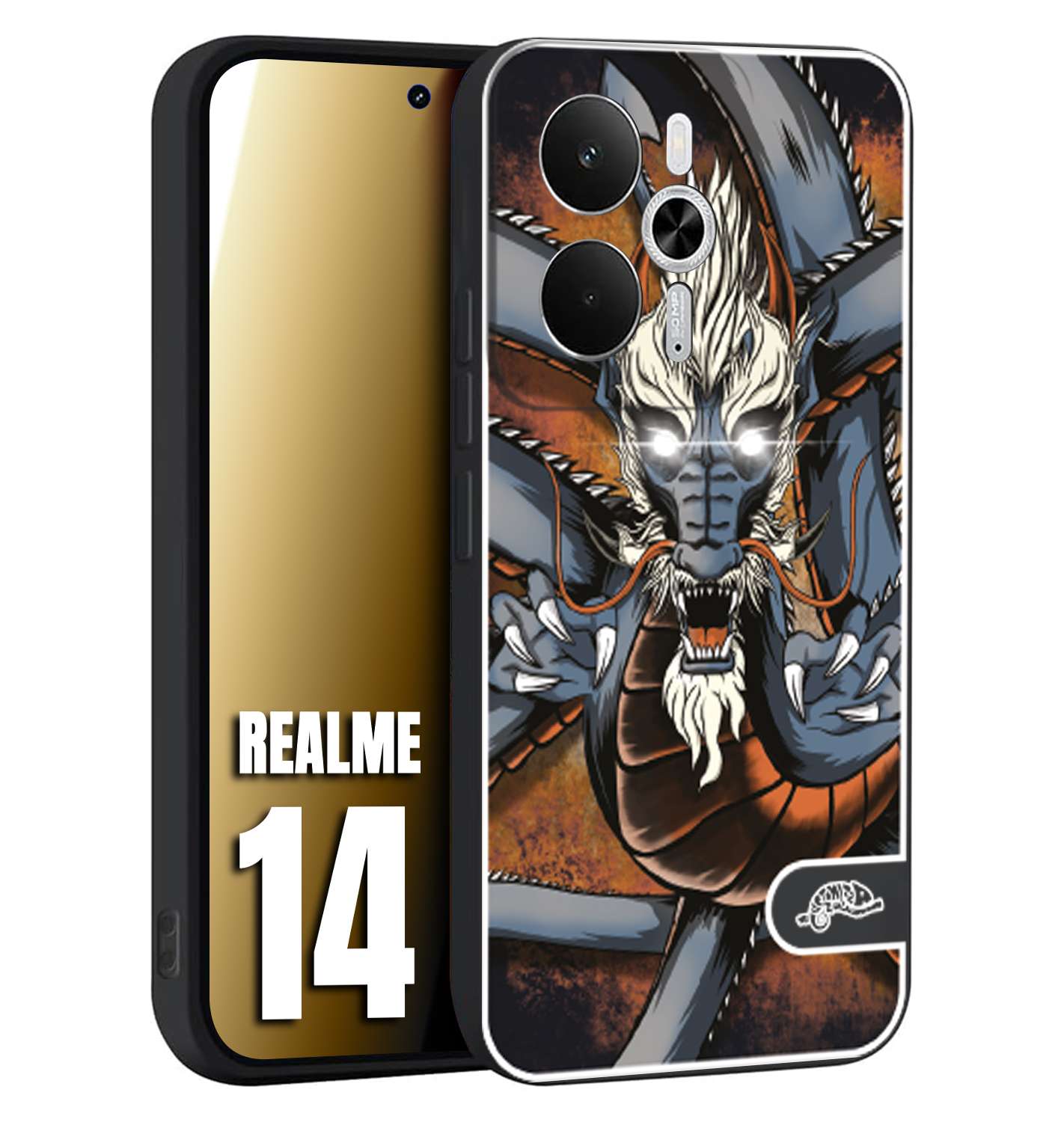 CUSTOMIZZA - Custodia cover nera morbida in tpu compatibile per Realme 14 5G drago giapponese tattoo japan dragon