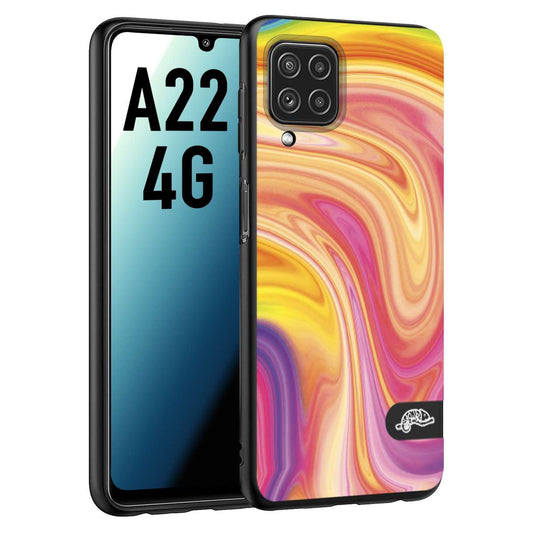 CUSTOMIZZA - Custodia cover nera morbida in tpu compatibile per Samsung A22 4G colorata fantasia vortice marmo onde rosa fucsia gialla