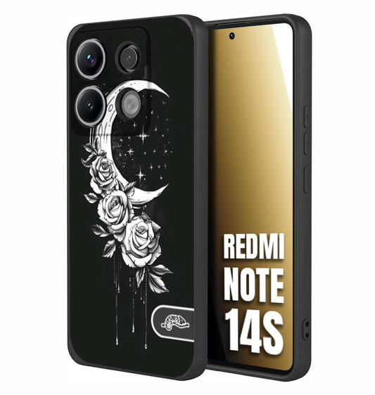 CUSTOMIZZA - Custodia cover nera morbida in tpu compatibile per Xiaomi Redmi Note 14S luna e fiori moon flowers black and white bianco a rilievo disegnato