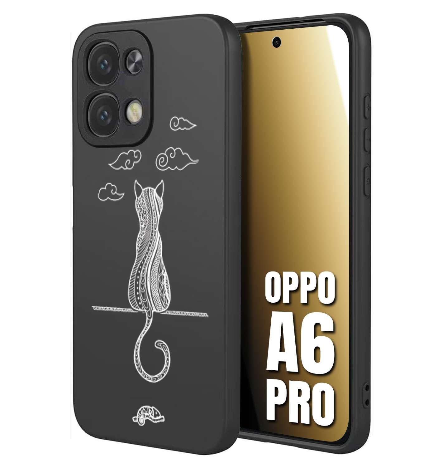 CUSTOMIZZA - Custodia cover nera morbida in tpu compatibile per Oppo A6 PRO gatto mandala stilizzato gattino a rilievo soft touch donna bianca