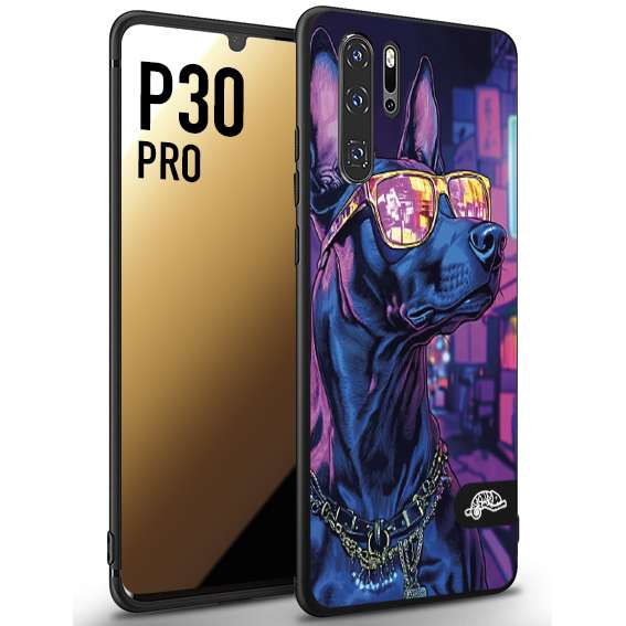 CUSTOMIZZA - Custodia cover nera morbida in tpu compatibile per Huawei P30 PRO animali cyberpunk dobermann cane street dog fucsia blu night