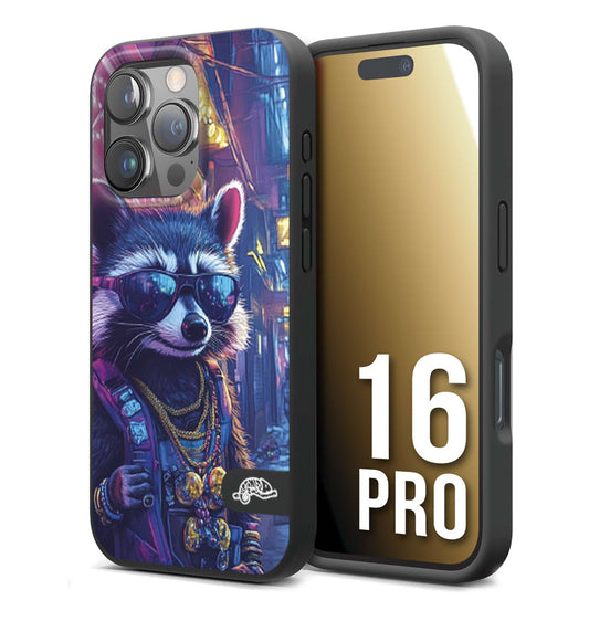 CUSTOMIZZA - Custodia cover nera morbida in tpu compatibile per iPhone 16 PRO animali simpatici cyberpunk procione racoon street cat fucsia blu giallo