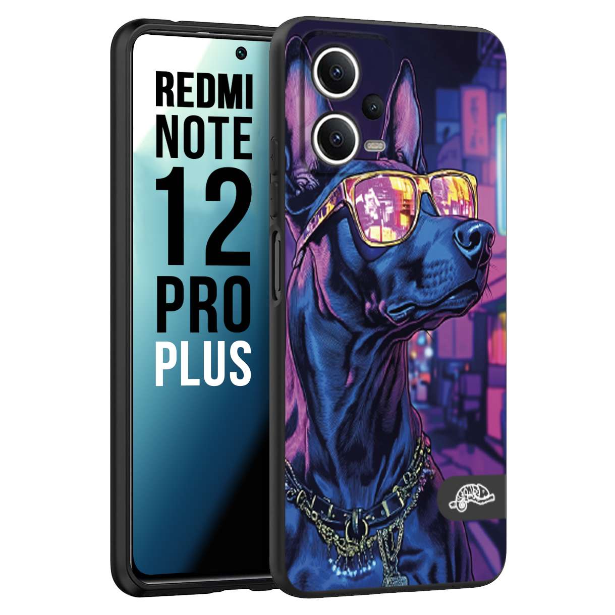 CUSTOMIZZA - Custodia cover nera morbida in tpu compatibile per Xiaomi Redmi Note 12 PRO PLUS animali cyberpunk dobermann cane street dog fucsia blu night