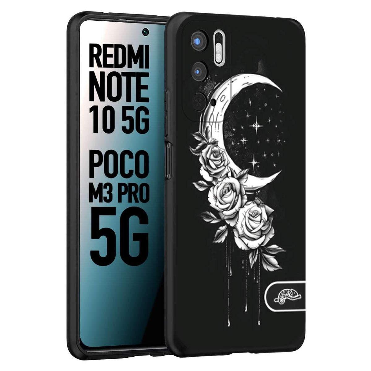 CUSTOMIZZA - Custodia cover nera morbida in tpu compatibile per Xiaomi Redmi Note 10 5G - Poco M3 Pro 5G luna e fiori moon flowers black and white bianco a rilievo disegnato