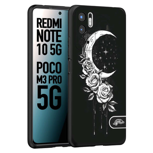 CUSTOMIZZA - Custodia cover nera morbida in tpu compatibile per Xiaomi Redmi Note 10 5G - Poco M3 Pro 5G luna e fiori moon flowers black and white bianco a rilievo disegnato