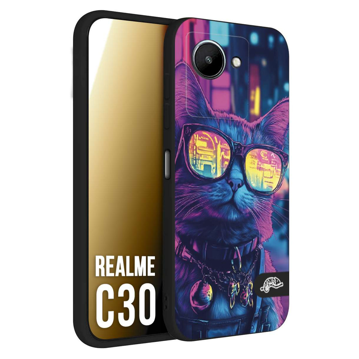 CUSTOMIZZA - Custodia cover nera morbida in tpu compatibile per Realme C30 animali cyberpunk gatto street cat fucsia blu giallo