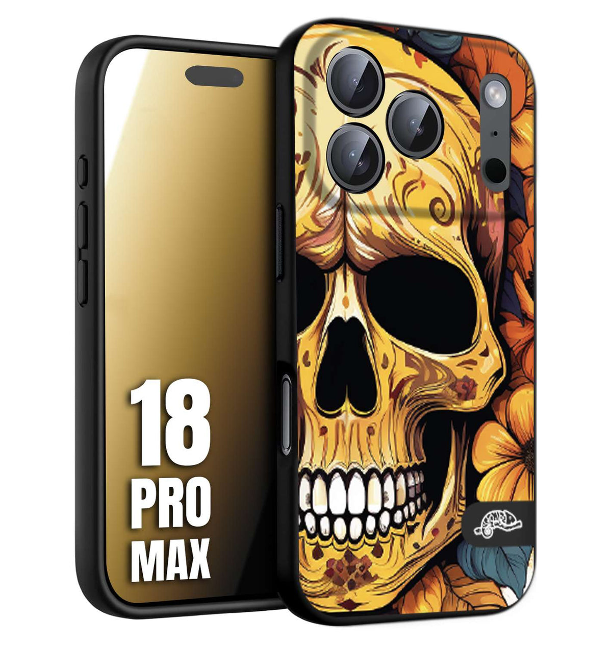 CUSTOMIZZA - Custodia cover nera morbida in tpu compatibile per iPhone 18 PRO MAX teschio messicano colorato dorato fiori autunnali disegnato
