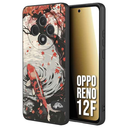 CUSTOMIZZA - Custodia cover nera morbida in tpu compatibile per Oppo Reno 12F giapponese lago carpa koi rossa con foglie d'acero rosso disegnata tattoo