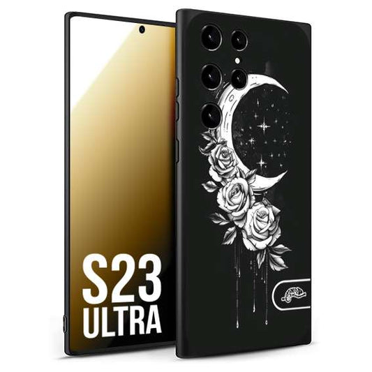 CUSTOMIZZA - Custodia cover nera morbida in tpu compatibile per Samsung S23 ULTRA luna e fiori moon flowers black and white bianco a rilievo disegnato tattoo tatuaggio