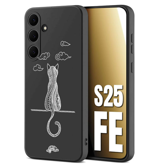 CUSTOMIZZA - Custodia cover nera morbida in tpu compatibile per Samsung S25 FE gatto mandala stilizzato gattino a rilievo soft touch donna bianca