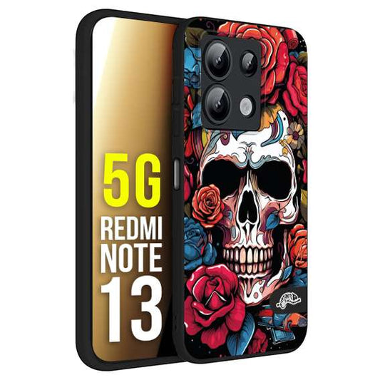 CUSTOMIZZA - Custodia cover nera morbida in tpu compatibile per Xiaomi Redmi Note 13 5G teschio skull flowers fiori rose rosse tattoo disegnato