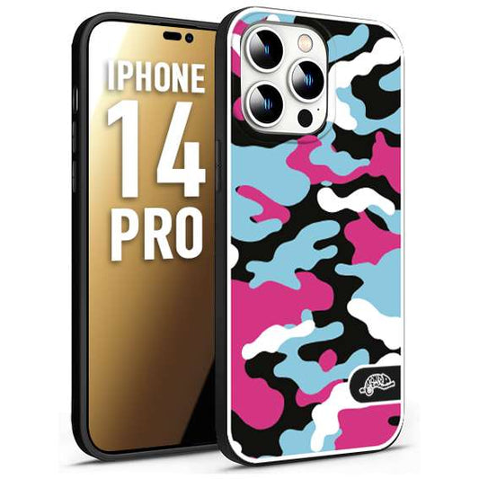 CUSTOMIZZA - Custodia cover nera morbida in tpu compatibile per iPhone 14 PRO camouflage mimetico militare fucsia celeste