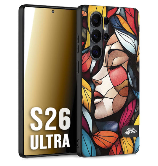 CUSTOMIZZA - Custodia cover nera morbida in tpu compatibile per Samsung S26 ULTRA Vetrata artistica volto di donna profilo fogliare mosaico di vetro colorato