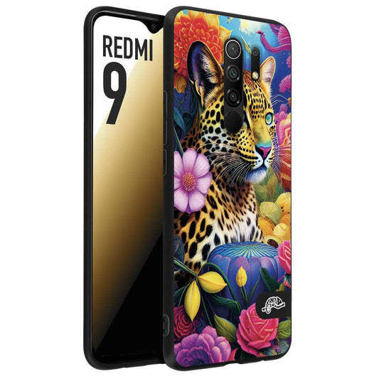 CUSTOMIZZA - Custodia cover nera morbida in tpu compatibile per Xiaomi Redmi 9 astratti donna flower fantasia leopardo ghepardo animali colorati