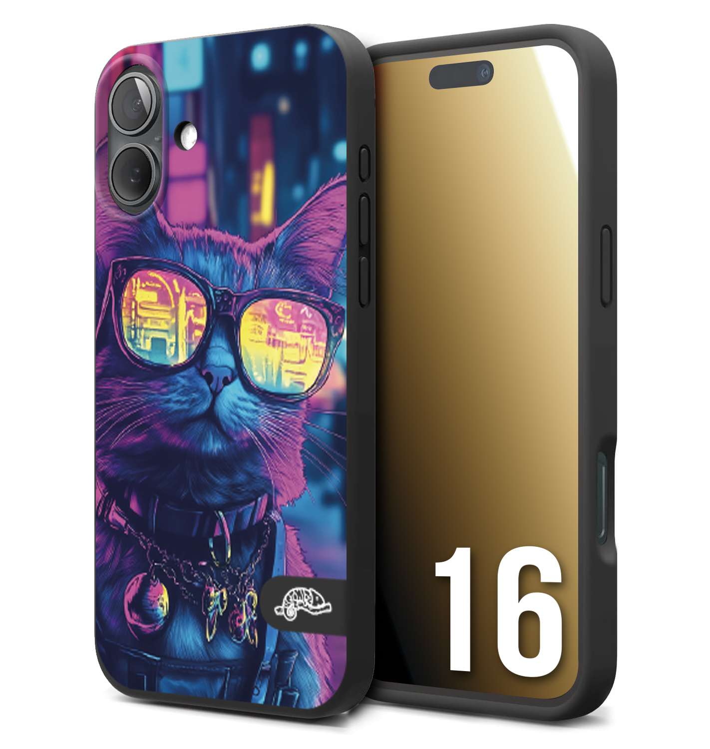 CUSTOMIZZA - Custodia cover nera morbida in tpu compatibile per iPhone 16 animali cyberpunk gatto street cat fucsia blu giallo