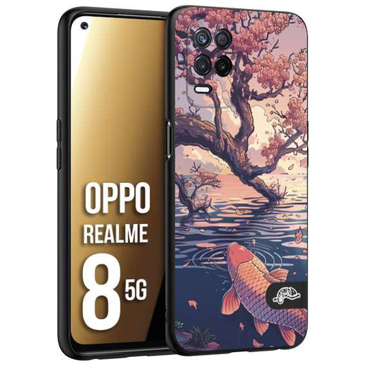 CUSTOMIZZA - Custodia cover nera morbida in tpu compatibile per Realme 8 5G giapponese lago carpa koi rosa con foglie d'acero disegnata tattoo