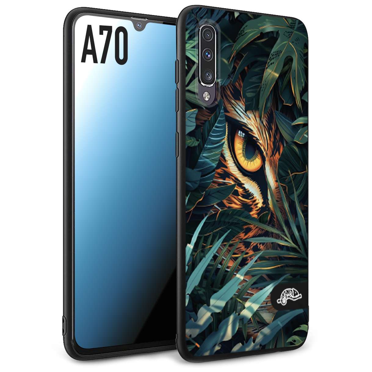 CUSTOMIZZA - Custodia cover nera morbida in tpu compatibile per Samsung A70 animali color giungla tropicale occhio di giaguaro felino disegnato