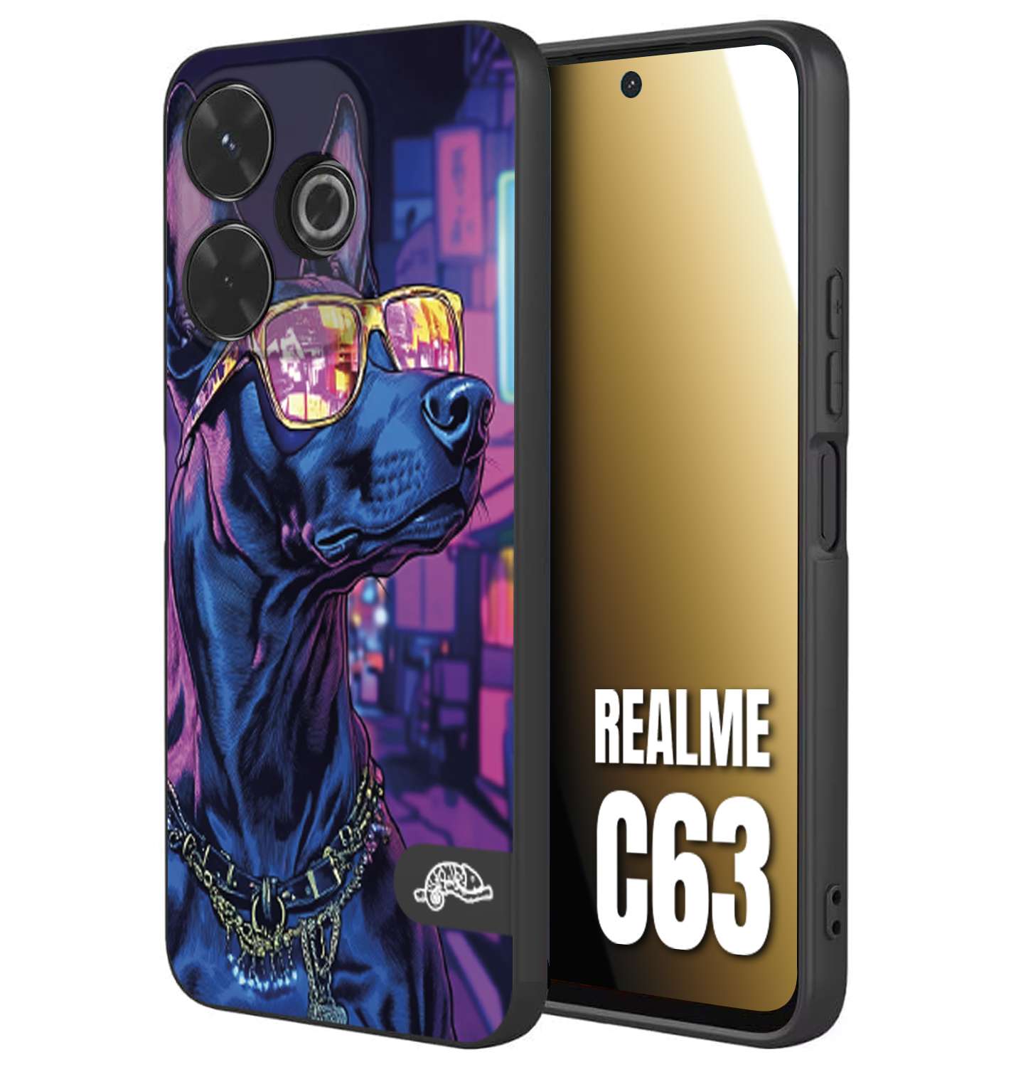 CUSTOMIZZA - Custodia cover nera morbida in tpu compatibile per Realme C63 animali cyberpunk dobermann cane street dog fucsia blu night