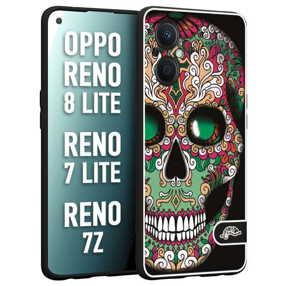 CUSTOMIZZA - Custodia cover nera morbida in tpu compatibile per Oppo Reno 7 Lite - 8 Lite - 7Z teschio messicano Mexican skull verde fucsia